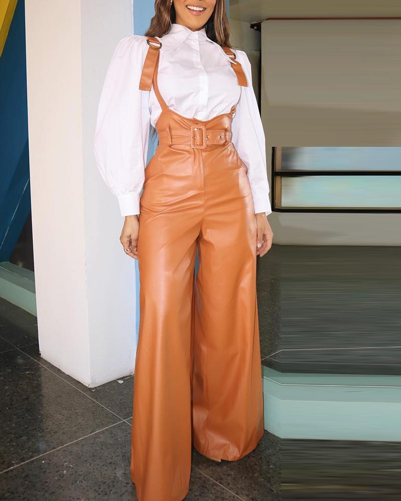 

PU Leather Wide Leg Suspender Jumpsuit, Orange