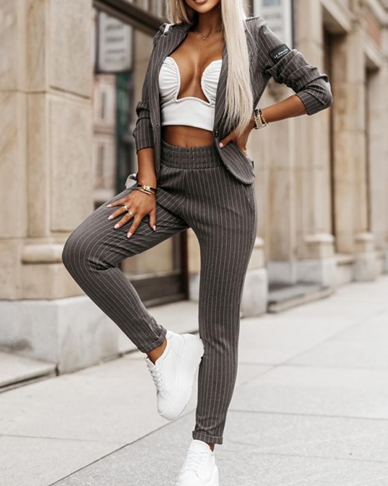

Striped Notched Collar Blazer Coat & Pants Set, Gray