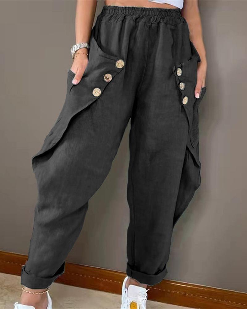 

Pocket Button Detail Casual Pants, Black