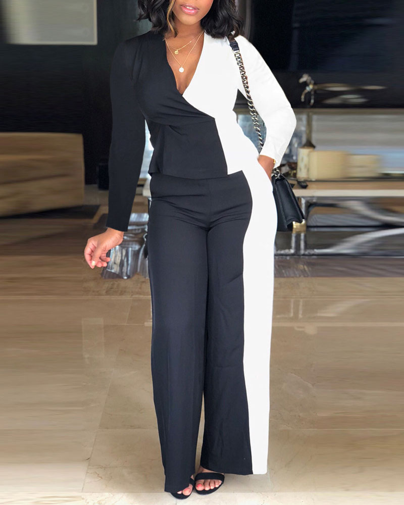 

Colorblock Wrap Ruched Top & Straight Leg Pants Set, Black