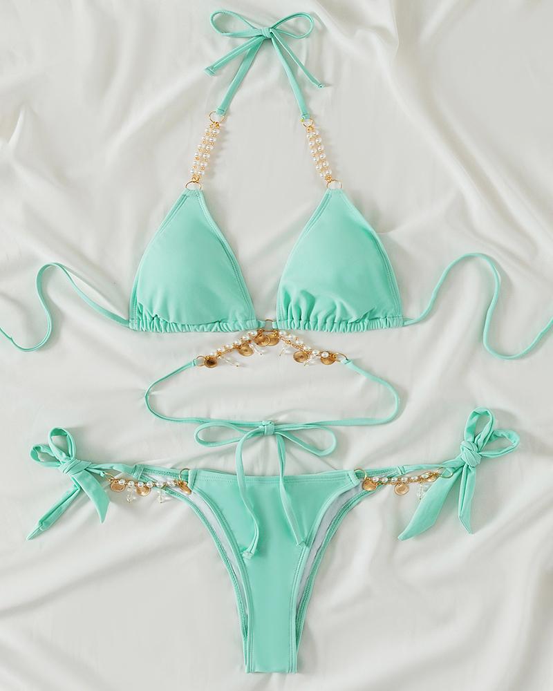 

Pearls Rhinestone Strap Tied Detail Bikini Set, Light green