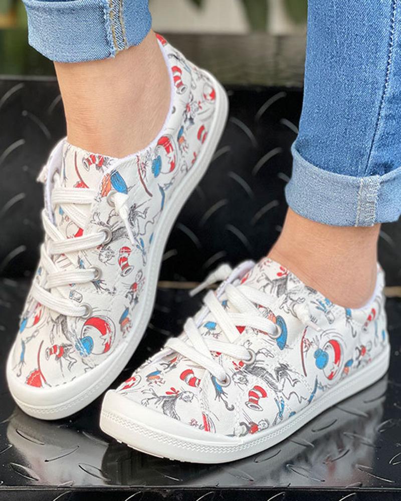 

Cartoon Lace-up Casual Canvas Sneakers, Multicolor