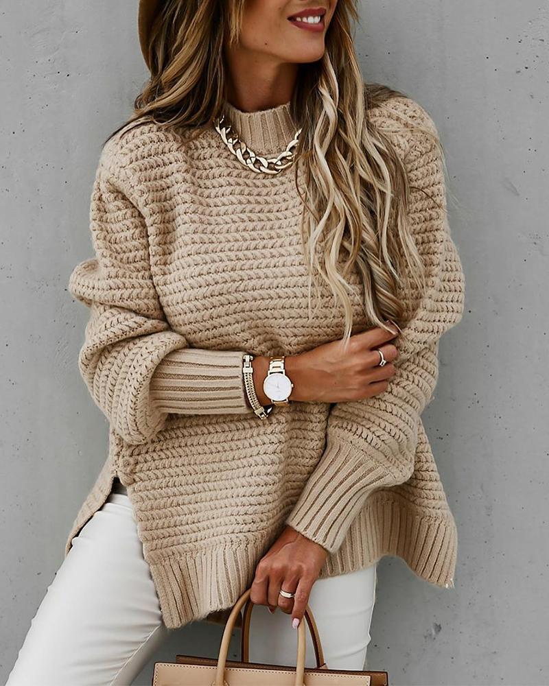 

Long Sleeve Loose Slit Hem Sweater, Khaki