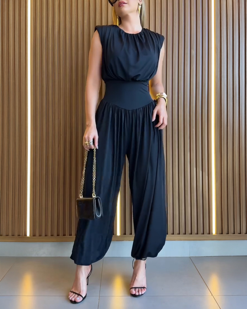 

Padded Shoulders Sleeveless Cinched Waist Side High Slit Overalls Casual Hollow-out Back Ruched Jumpsuit, Black