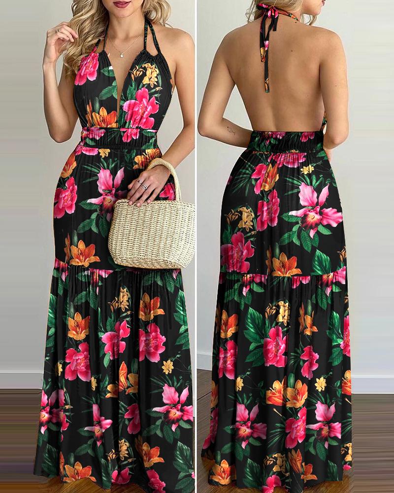 

Tropical Print Halter Backless Maxi Dress, Black