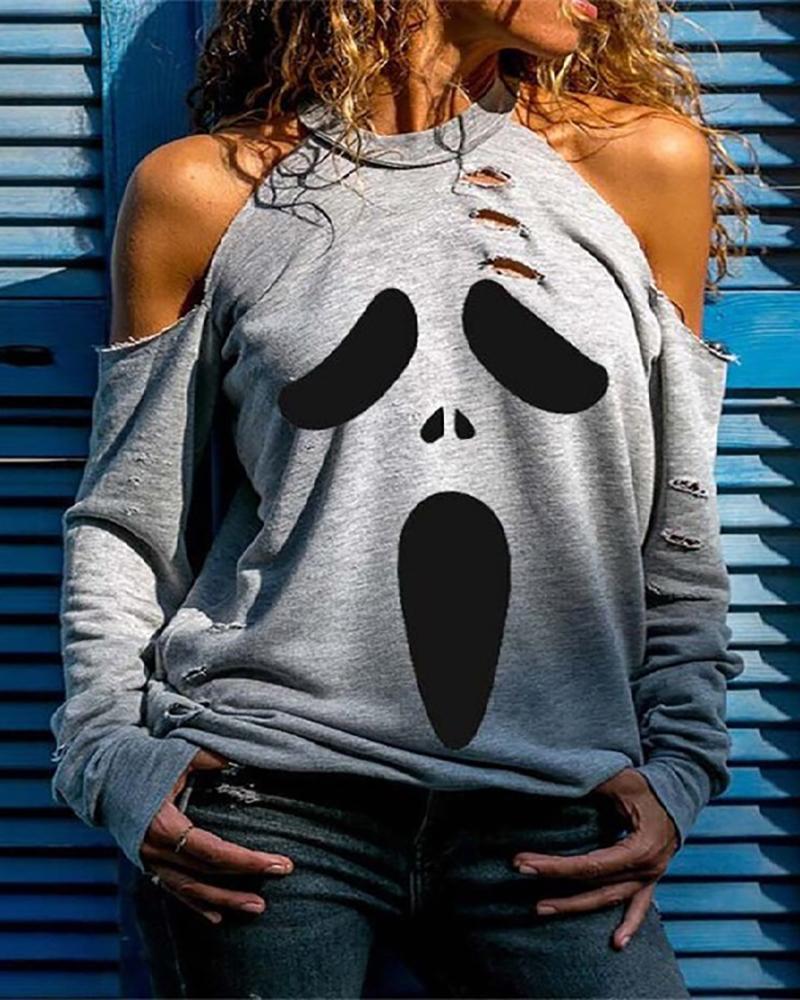 

Halloween Cold Shoulder Ghost Print Cutout Top, Gray