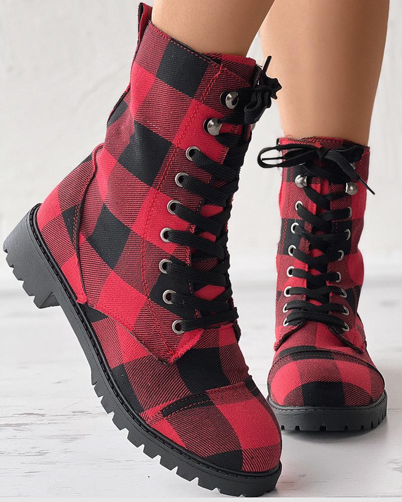 

Plaid Print Eyelet Lace-up Martin Boots, Red