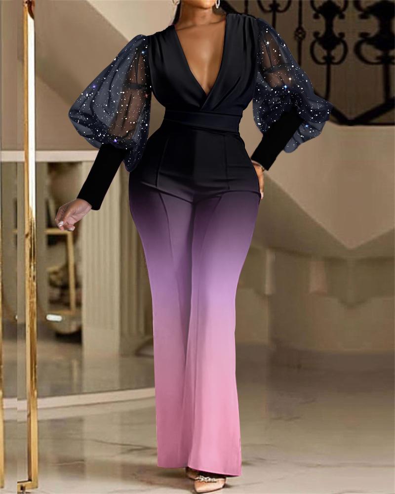 

Ombre Glitter Sheer Mesh Puff Lantern Sleeve Jumpsuit, Multicolor
