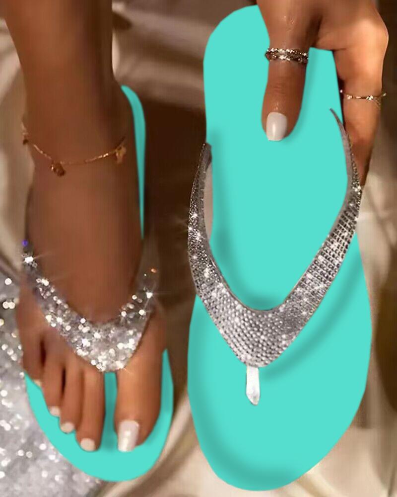 

Turquoise Color Rhinestone Strap Flip Flops, Turquoise blue