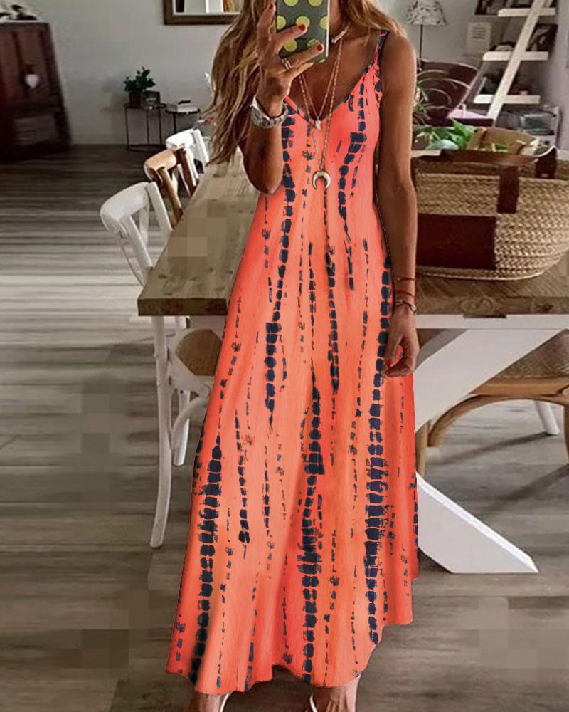 

Tie Dye Print Colorblock V-Neck Maxi Dress, Orange