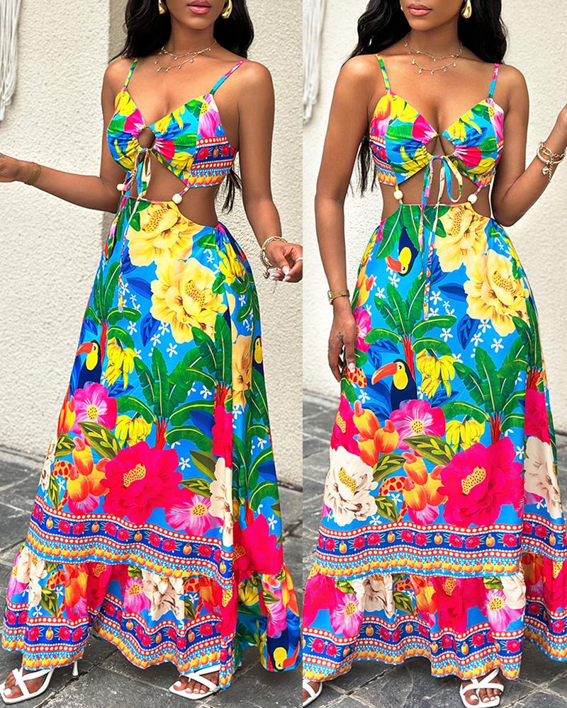 

Tropical Print Backless Hollow Out Dress, Multicolor