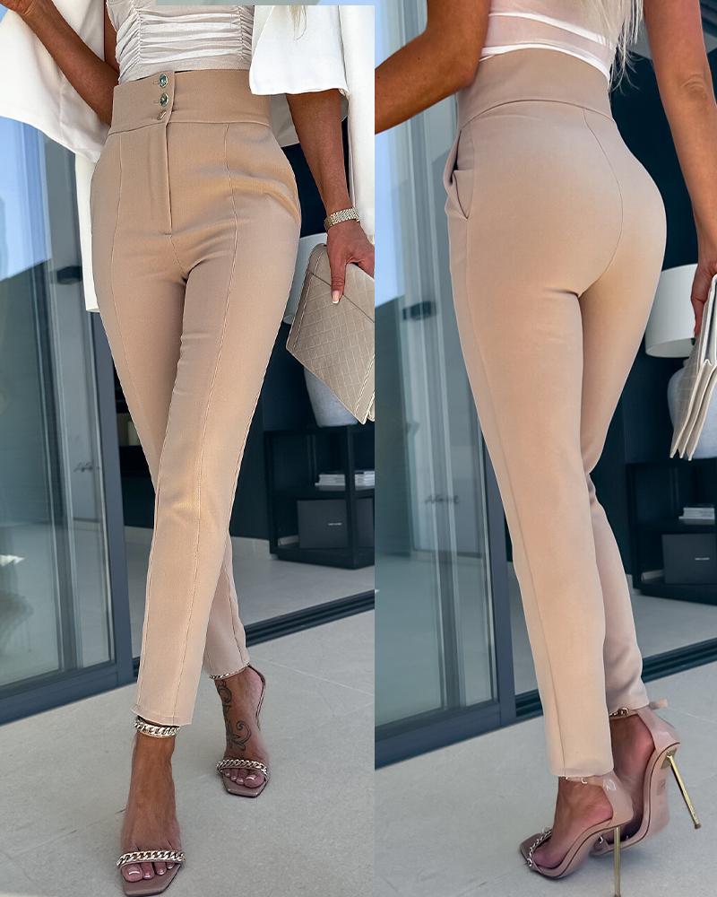 

High Waist Buttoned Zipper Design Pants, Khaki