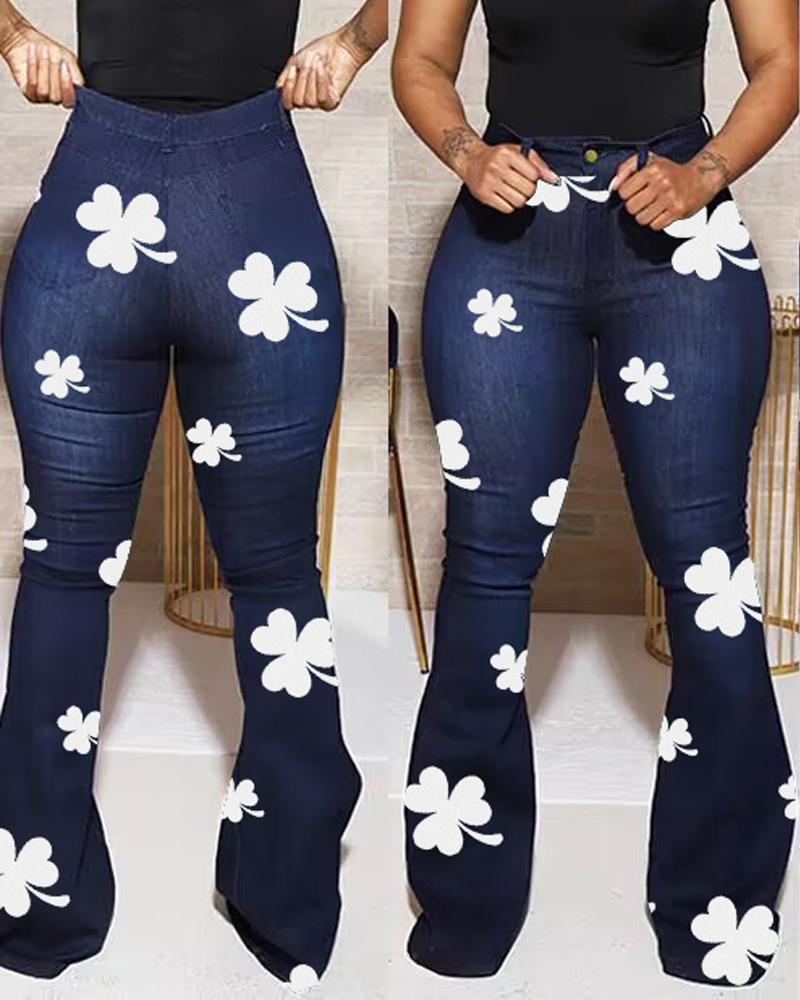 

St. Patrick' Day Lucky Shamrock Print High Waist Flared Leg Jeans, Dark blue