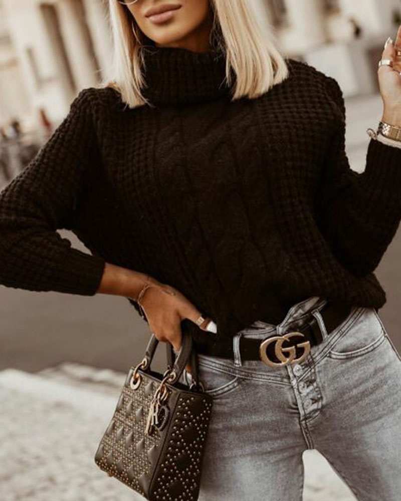 

Split Hem Turtleneck Cable Knit Sweater, Black