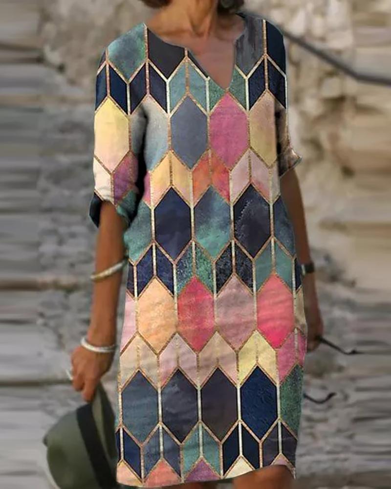 

Geo Print Colorblock Half Sleeve Dress, Pink
