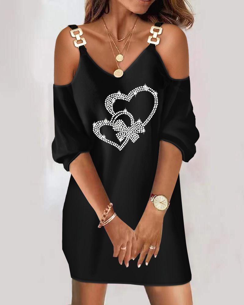 

Valentine' Day Rhinestone Heart Pattern Cold Shoulder Casual Dress, Black