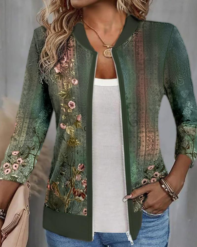 

Floral Tribal Print Zipper Design Jacket, Green