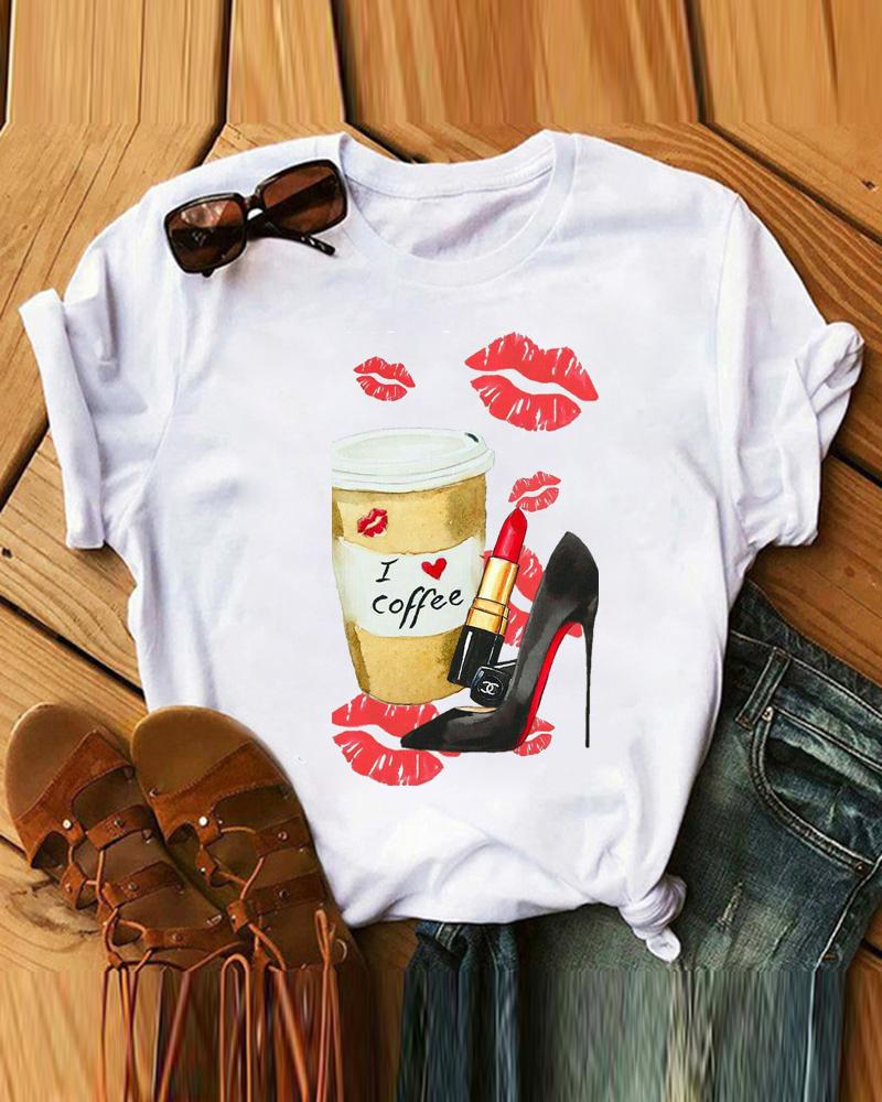 

Lip Coffee Print Short Sleeve Casual T-shirt, White