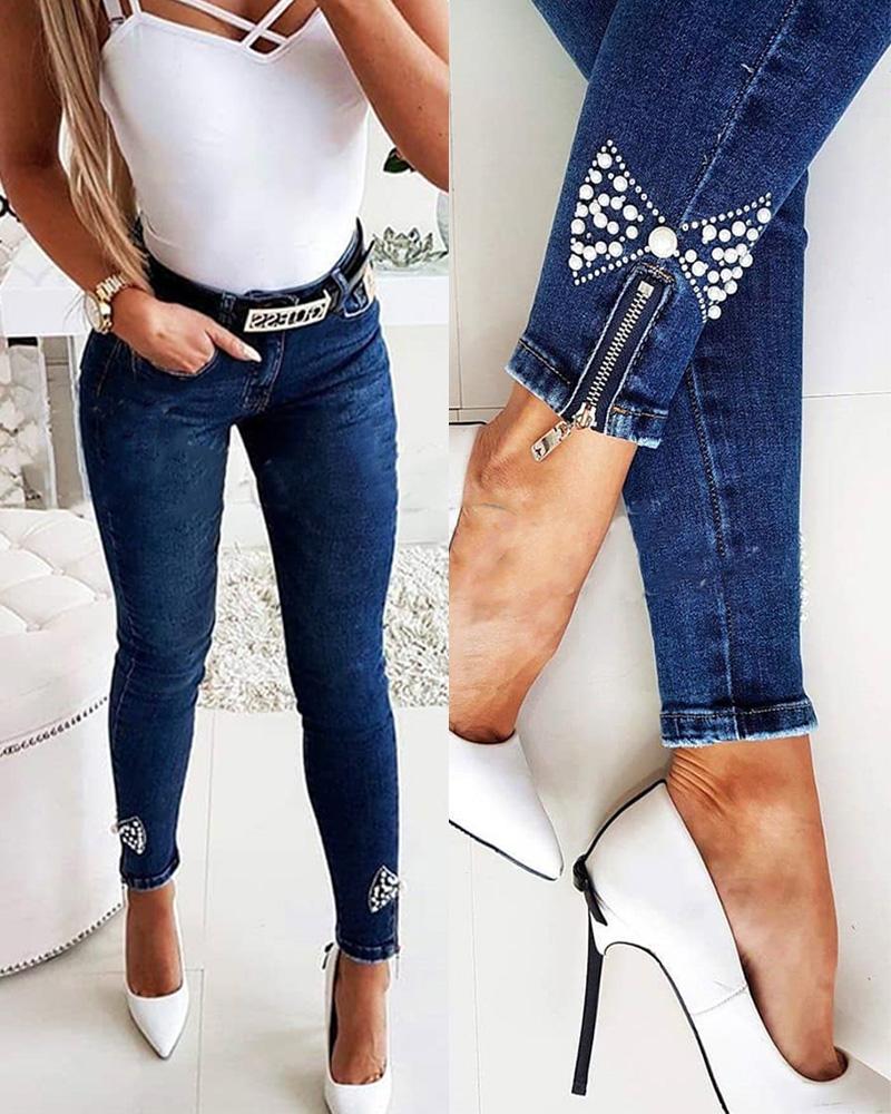 

Beaded Zipper Detail Skinny Jeans, Blue
