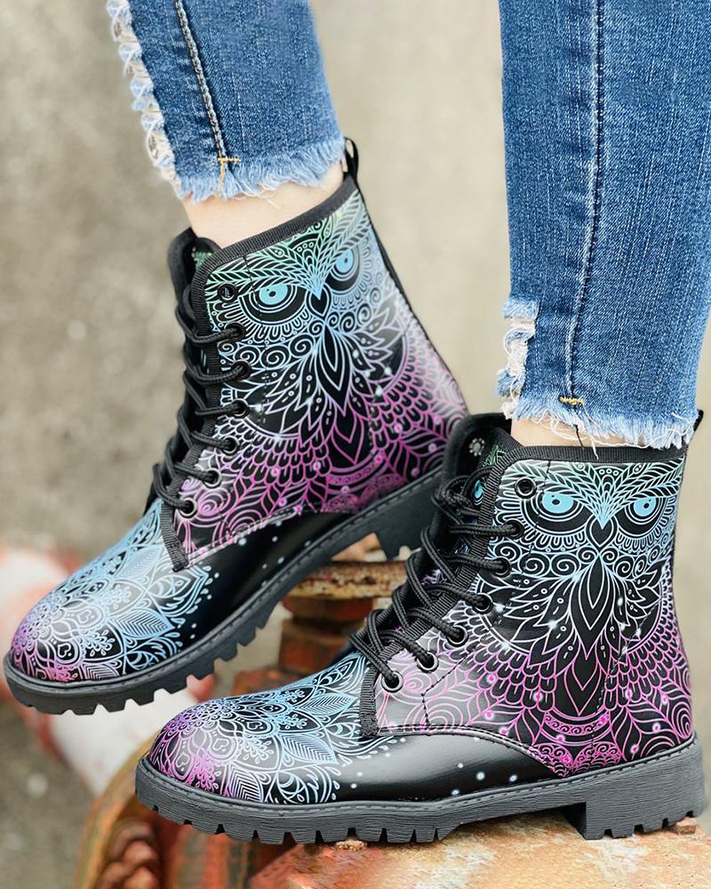 

Owl Print Eyelet Lace-up Front Ankle Boots, Black