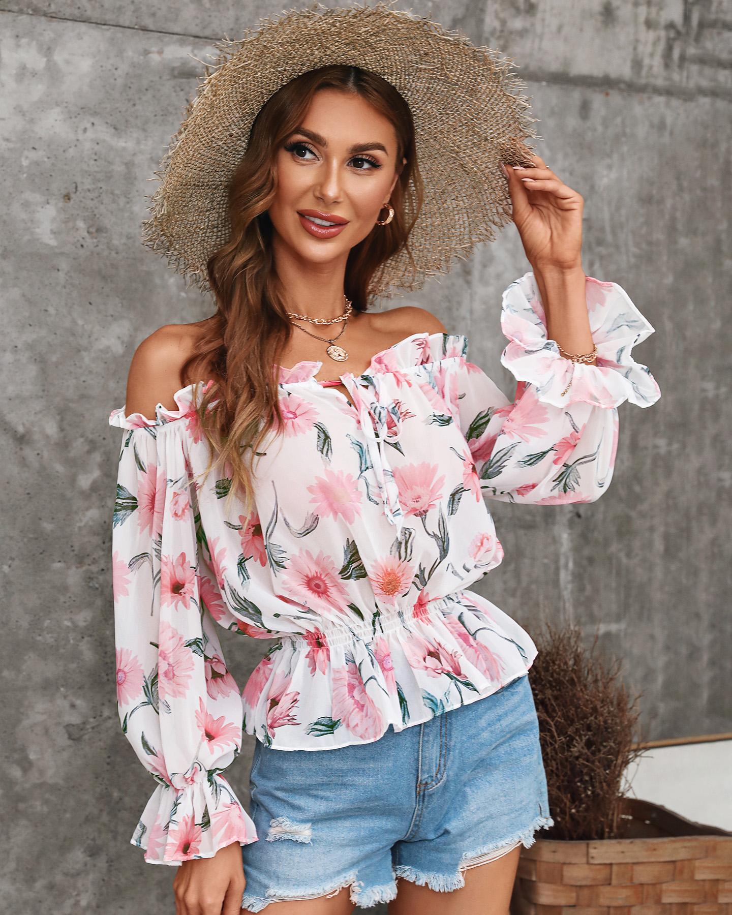 

Off Shoulder Floral Print Lantern Sleeve Top, White