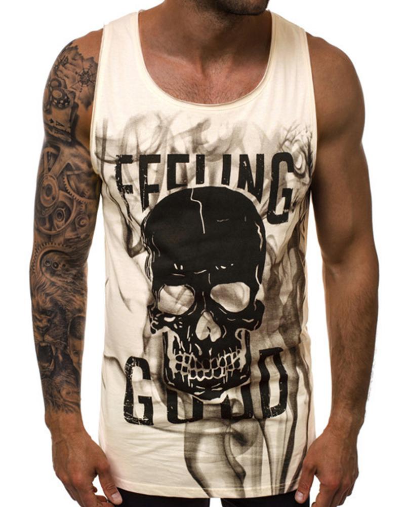 

Letter & Skull Print Sleeveless Tank Top, Khaki