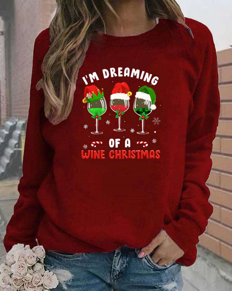 

Christmas Wine Glass Letter Print Casual Top, Wine red