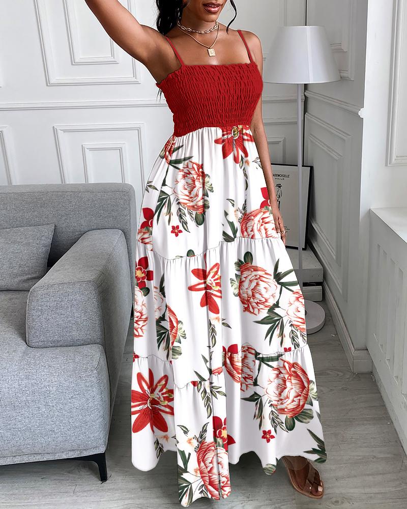 

Colorblock Floral Print Ruched Casual Maxi Dress, Red