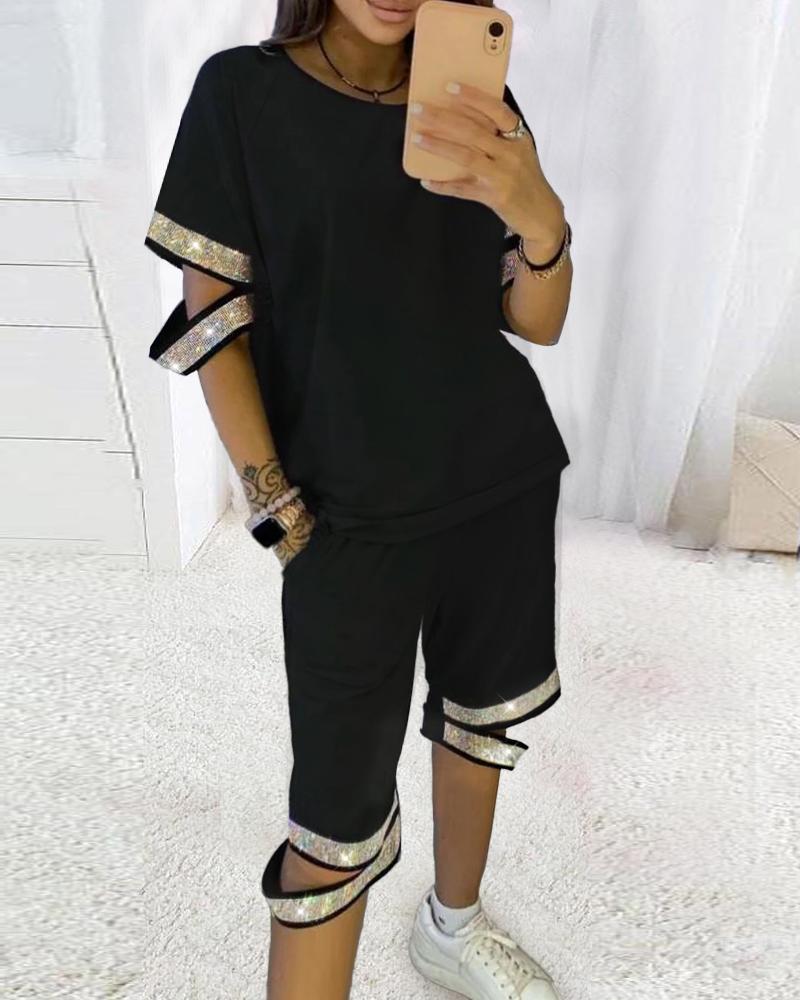 

Tape Patch Casual Top & Pants Set, Black
