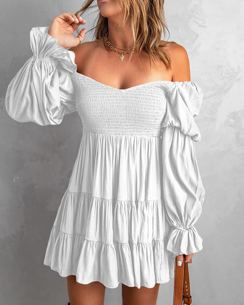 

Puff Lantern Sleeve Shirred Ruched Dress, White