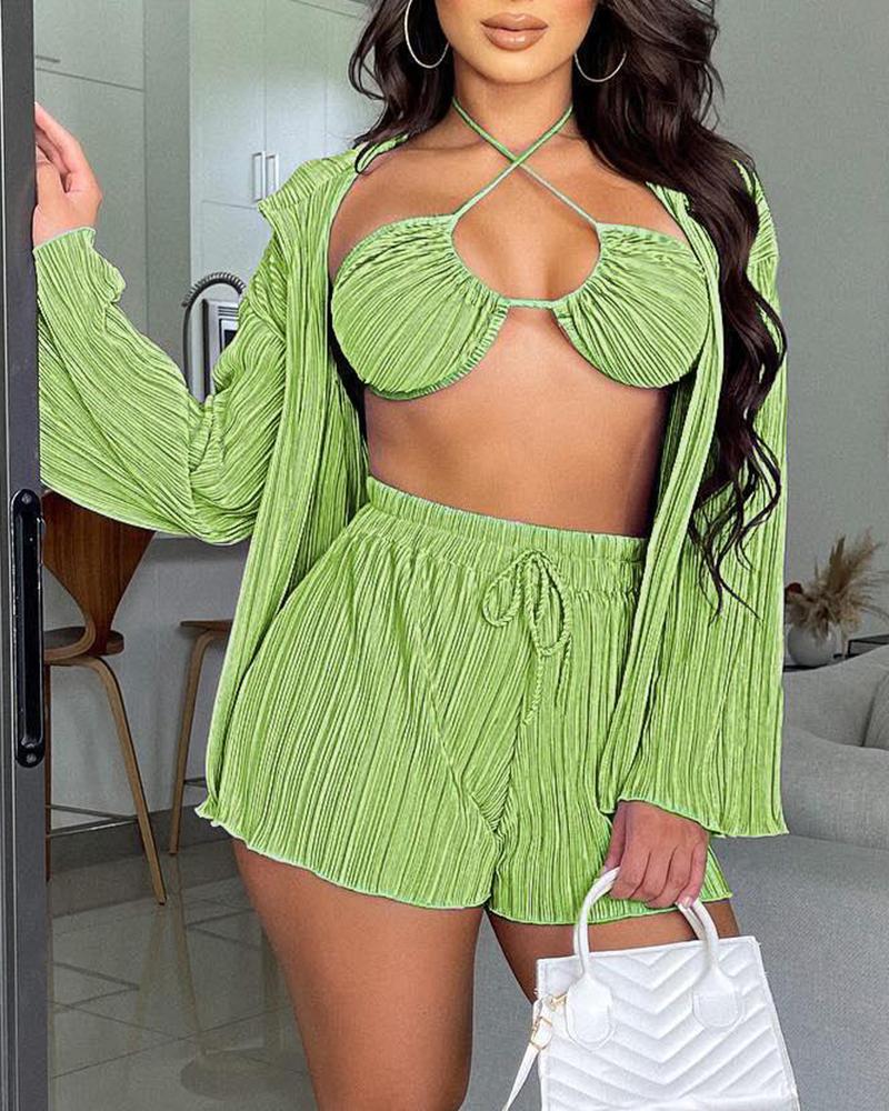 

3PCS Halter Drawstring Frill Hem Crop Top& Shorts&Cardigan Set, Green