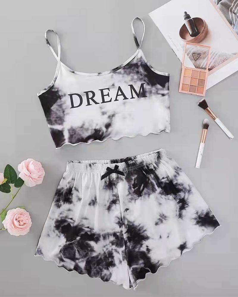 

Tie Dye Letter Print Bow Decor Cami Set, Blackwhite