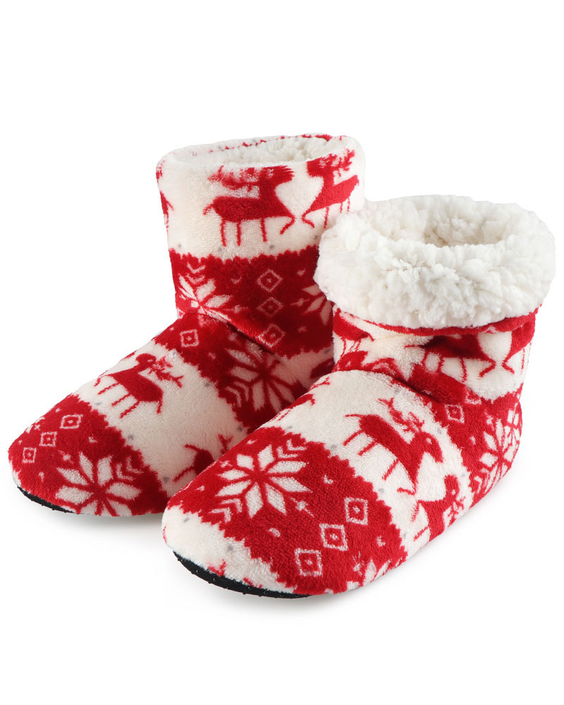 

Christmas Mixed Print Fluffy Indoor Boots, Red