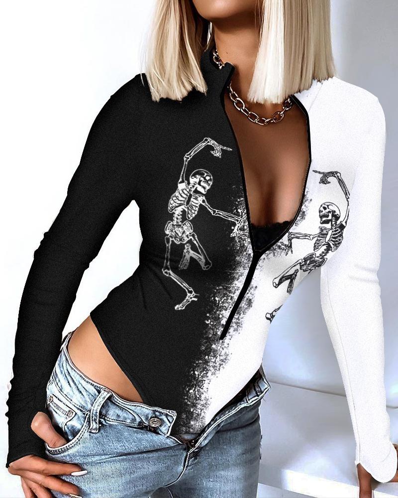 

Halloween Skeleton Print Colorblock Zip Front Bodysuit, Blackwhite