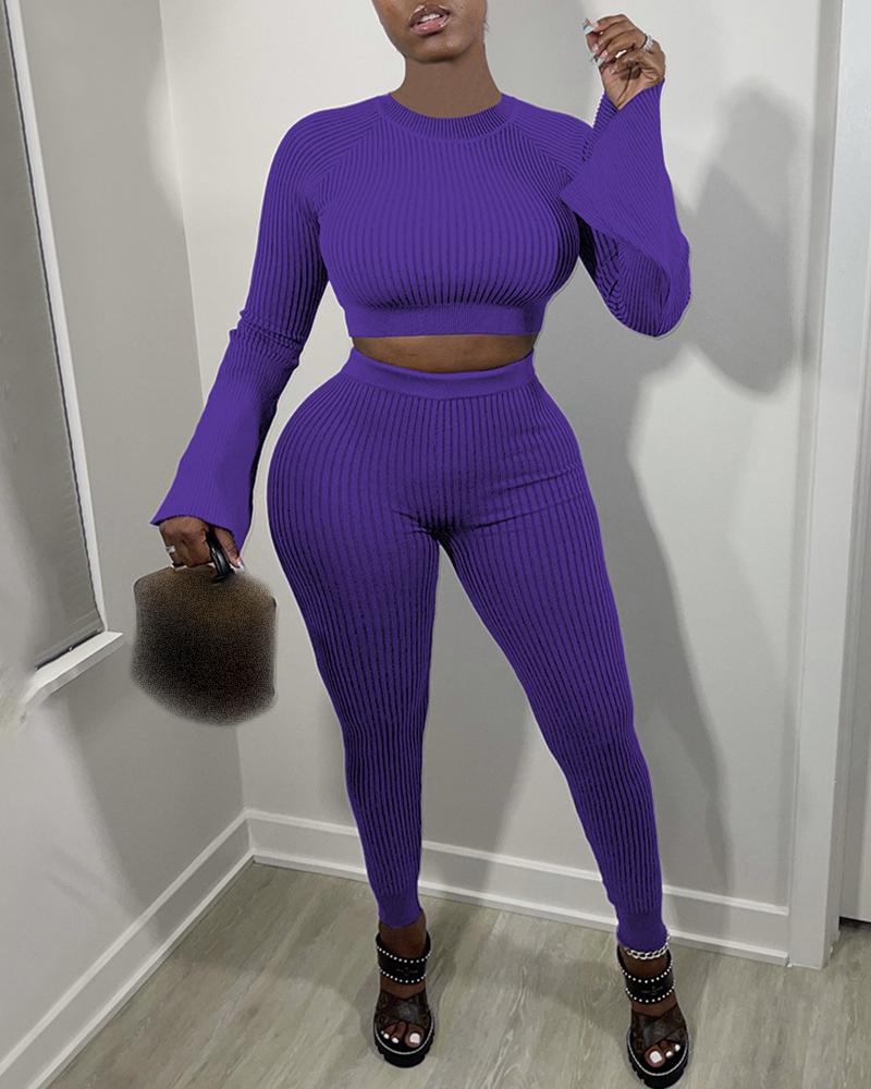 

Long Sleeve Crop Top & Skinny Pants Sets, Purple