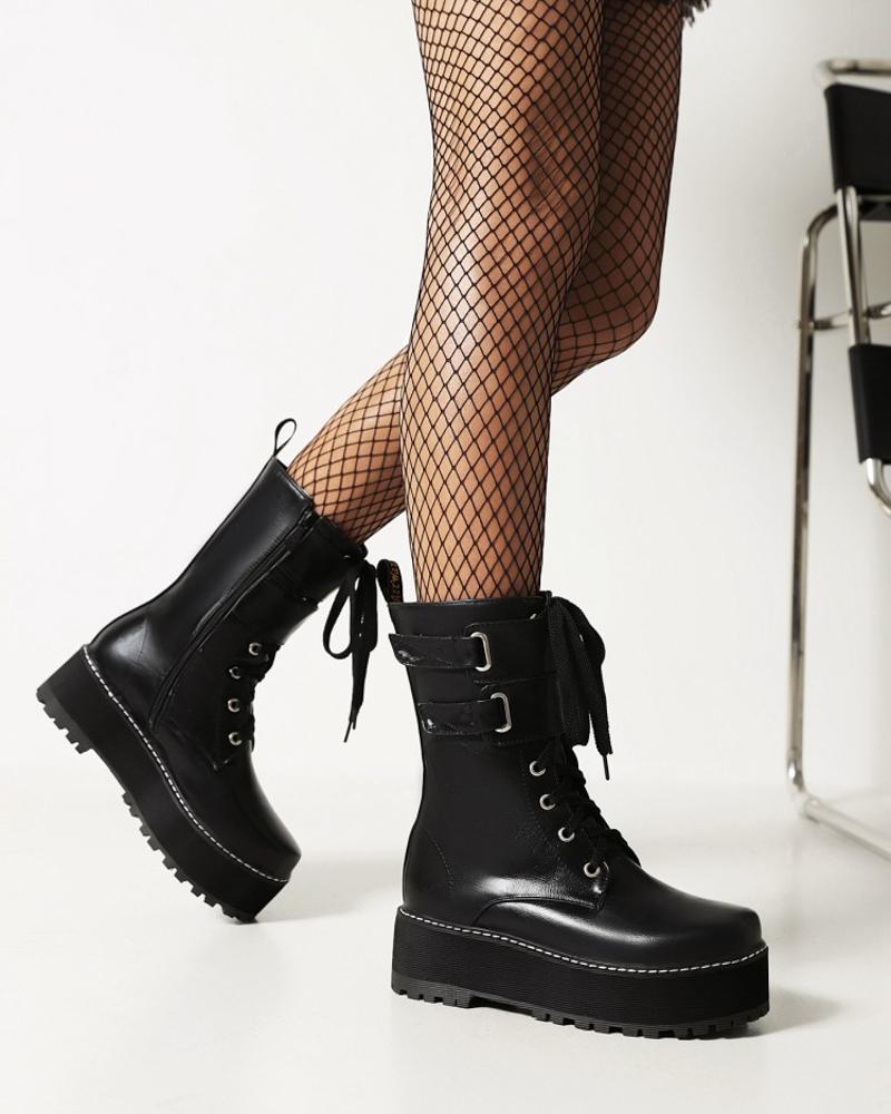 

Womens Round Toe Lace-up Platform Motorcycle Boots, Black