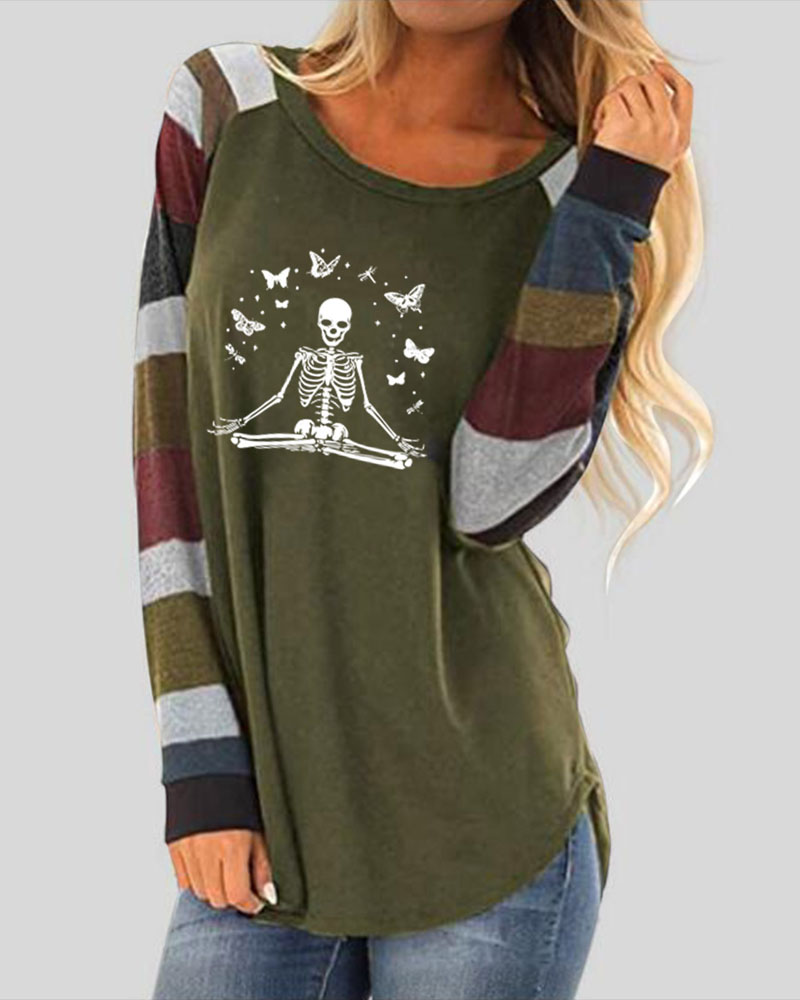 

Halloween Butterfly Skeleton Print Striped Long Sleeve Top, Army green