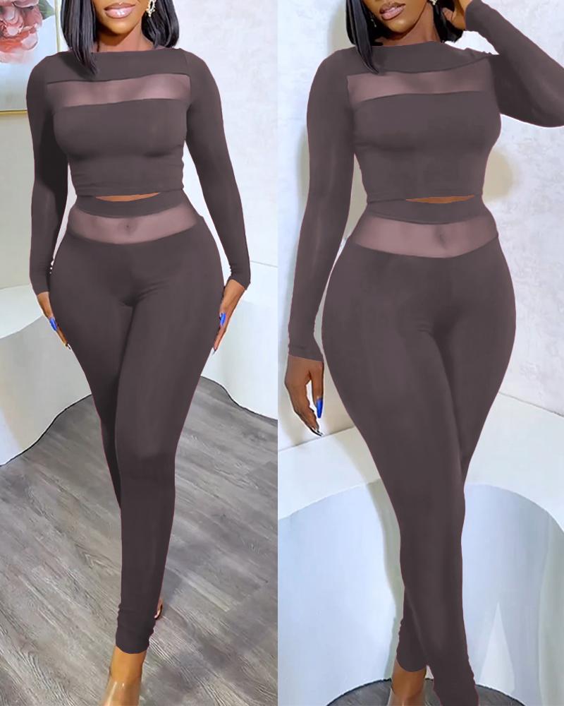 

Sheer Mesh Boat Neck Crop Top & Pants Set, Coffee