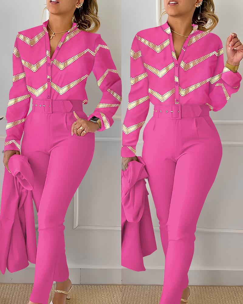 

Bronzing Chevron Print Top & Pocket Design Pants Set, Hot pink