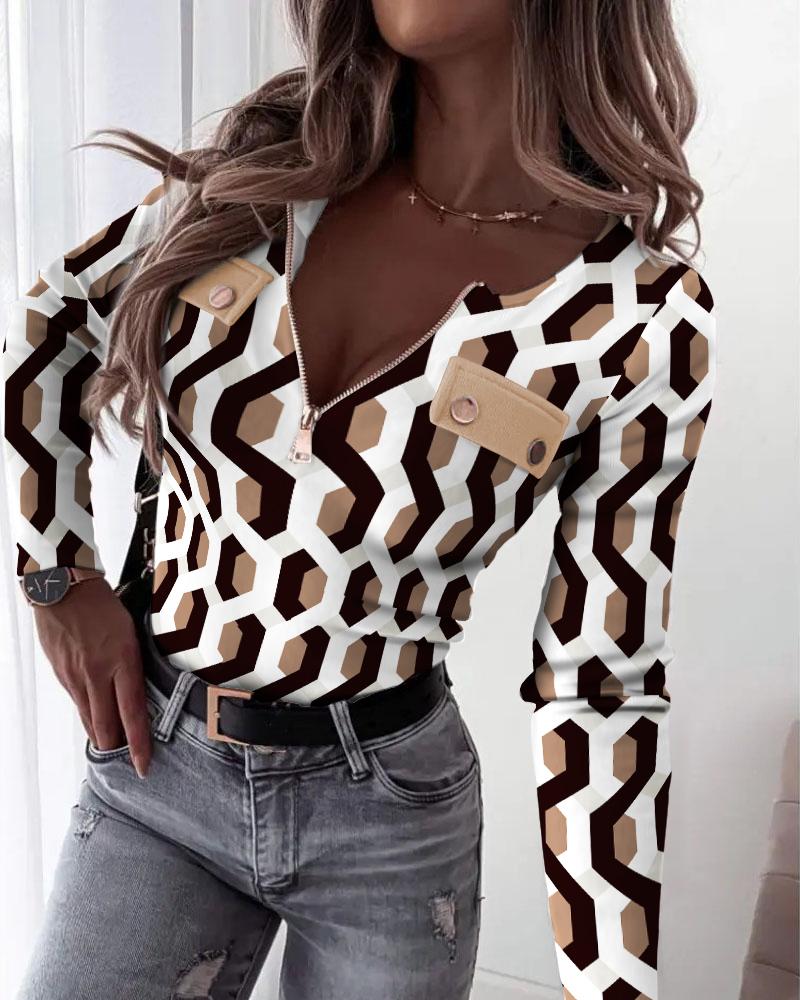 

Geometric Print Zipper Front Long Sleeve Top, Khaki