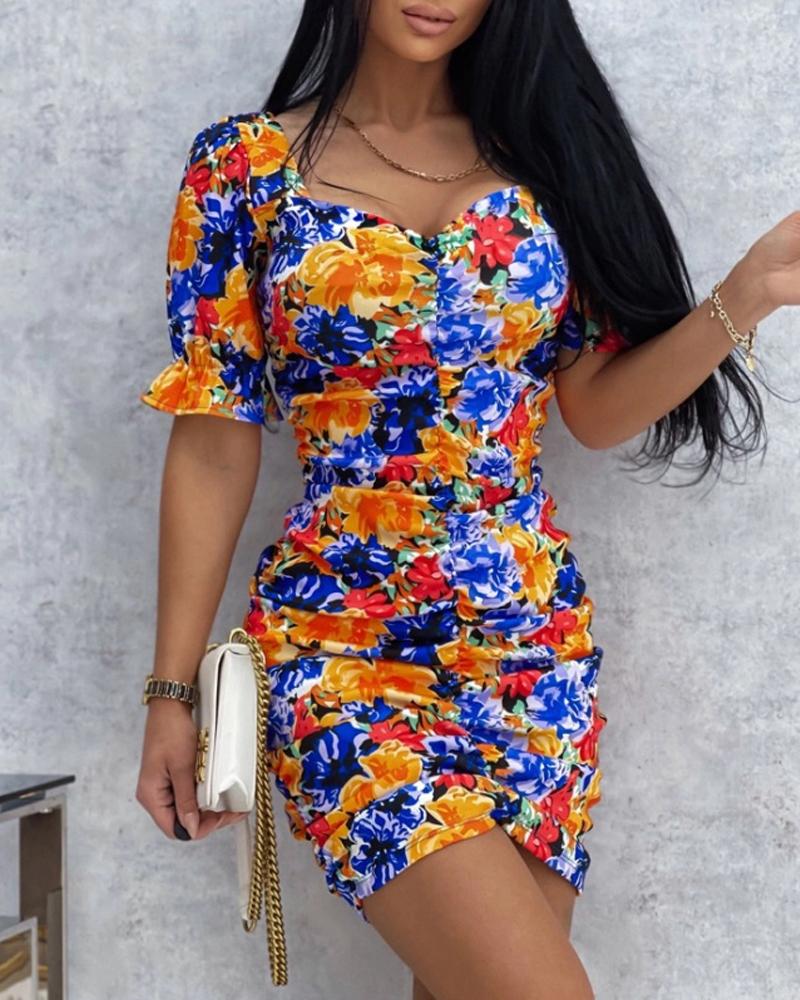 

Floral Print Puff Sleeve Ruched Mini Dress, Multicolor