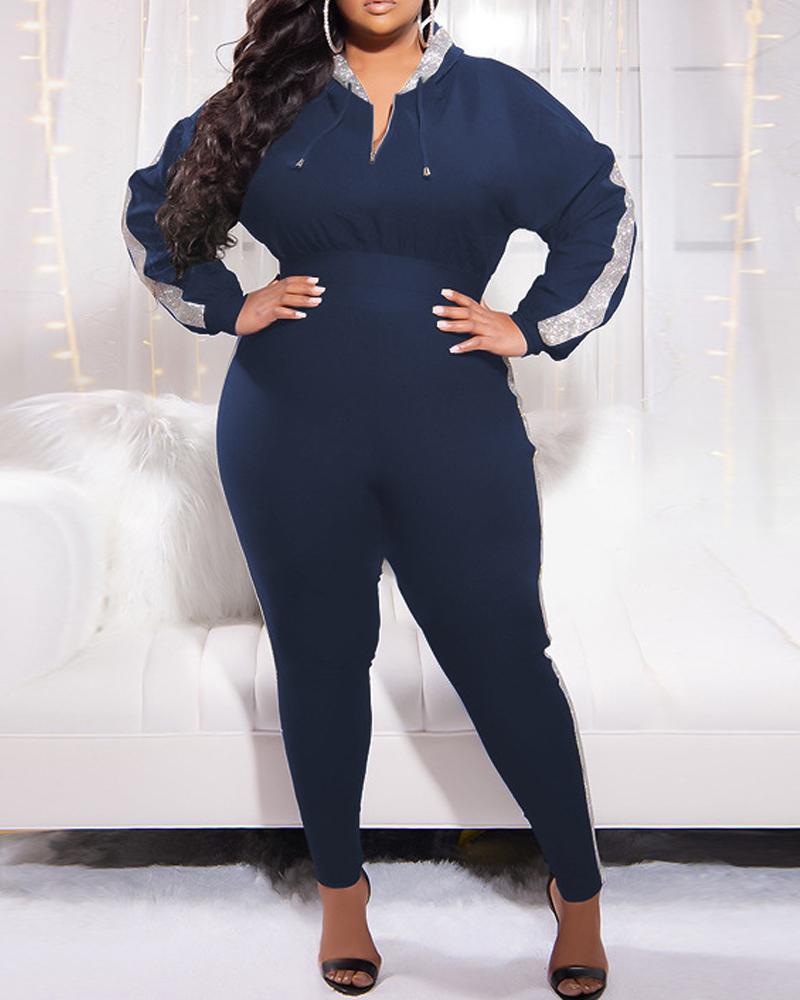 

Plus Size Contrast Paneled Hooded Crop Top & Pants Set, Purplish blue