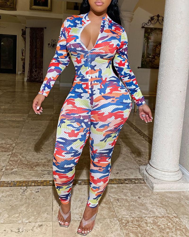 

Colorblock Zipper Front Long Sleeve Jumpsuit, Blue