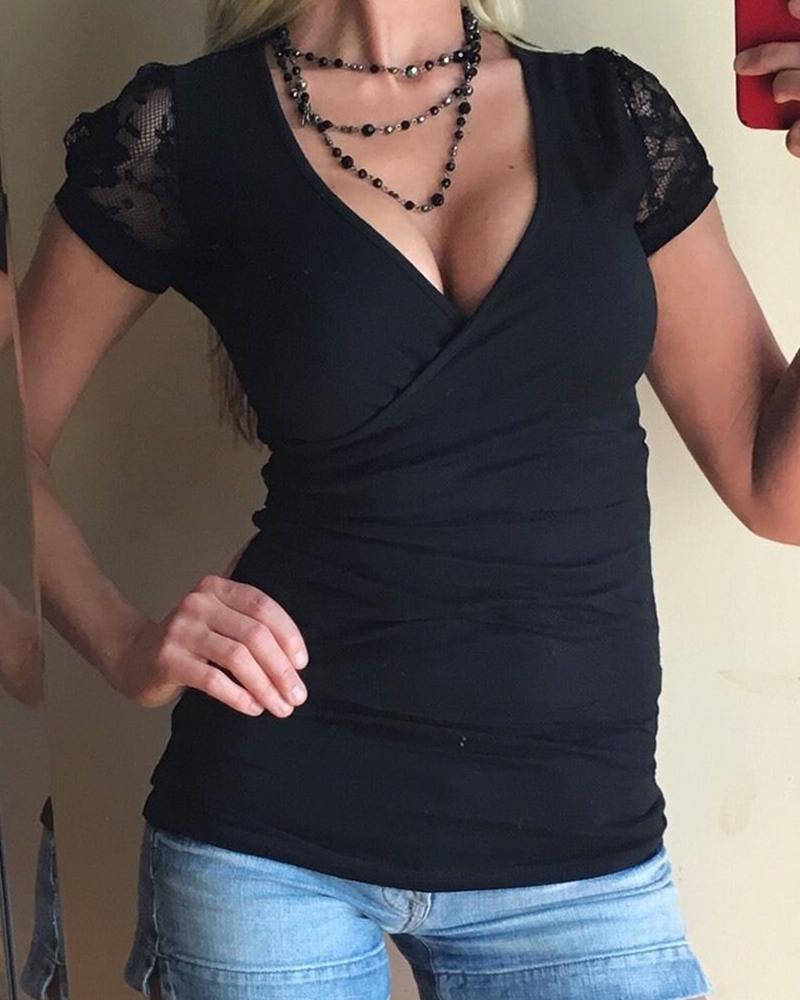 

V-neck Lace Short Sleeve Casual Top, Black