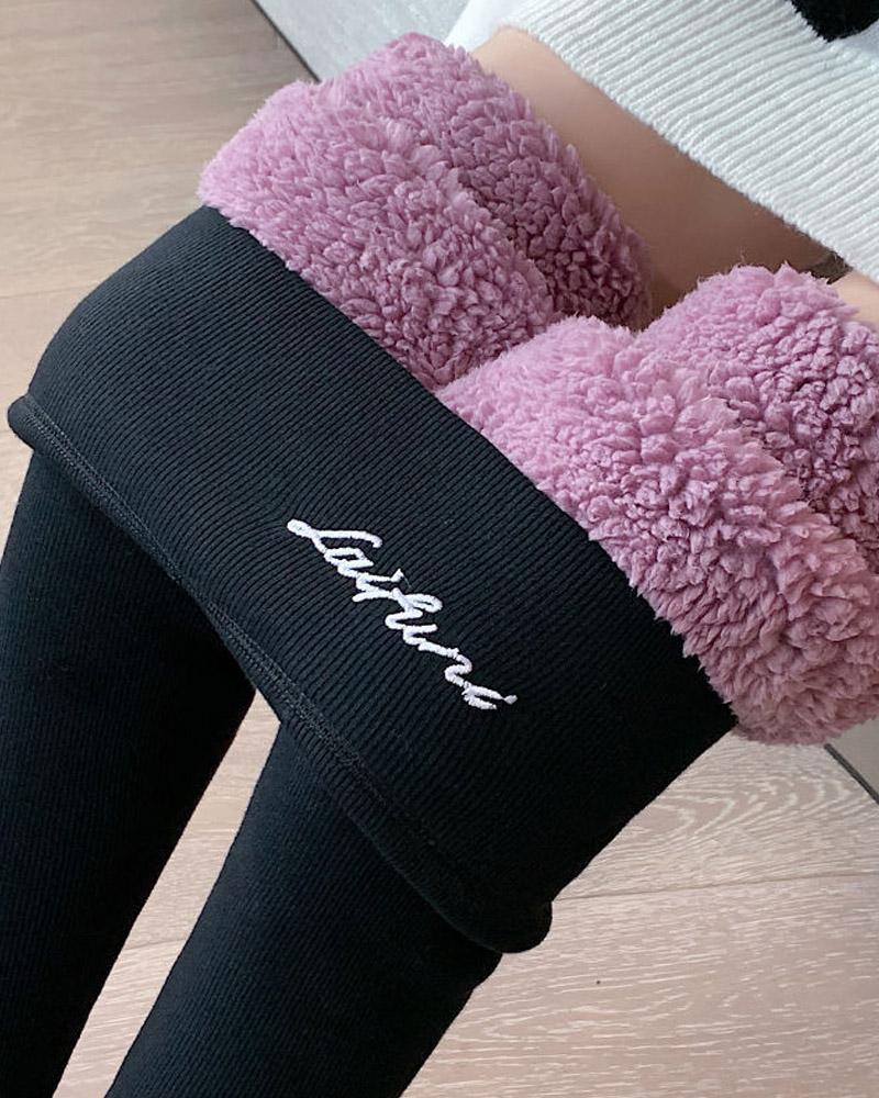 

Letter Embroidery High Waist Thermal Warm Fleece Lined Leggings, Black