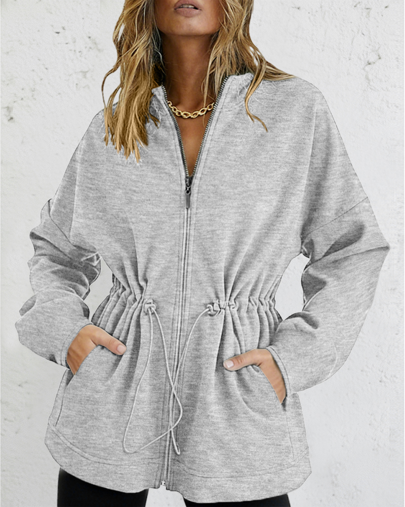 

Chaqueta tipo cárdigan informal de manga larga con capucha y cordón en la cintura, corte holgado y bolsillos, Gray
