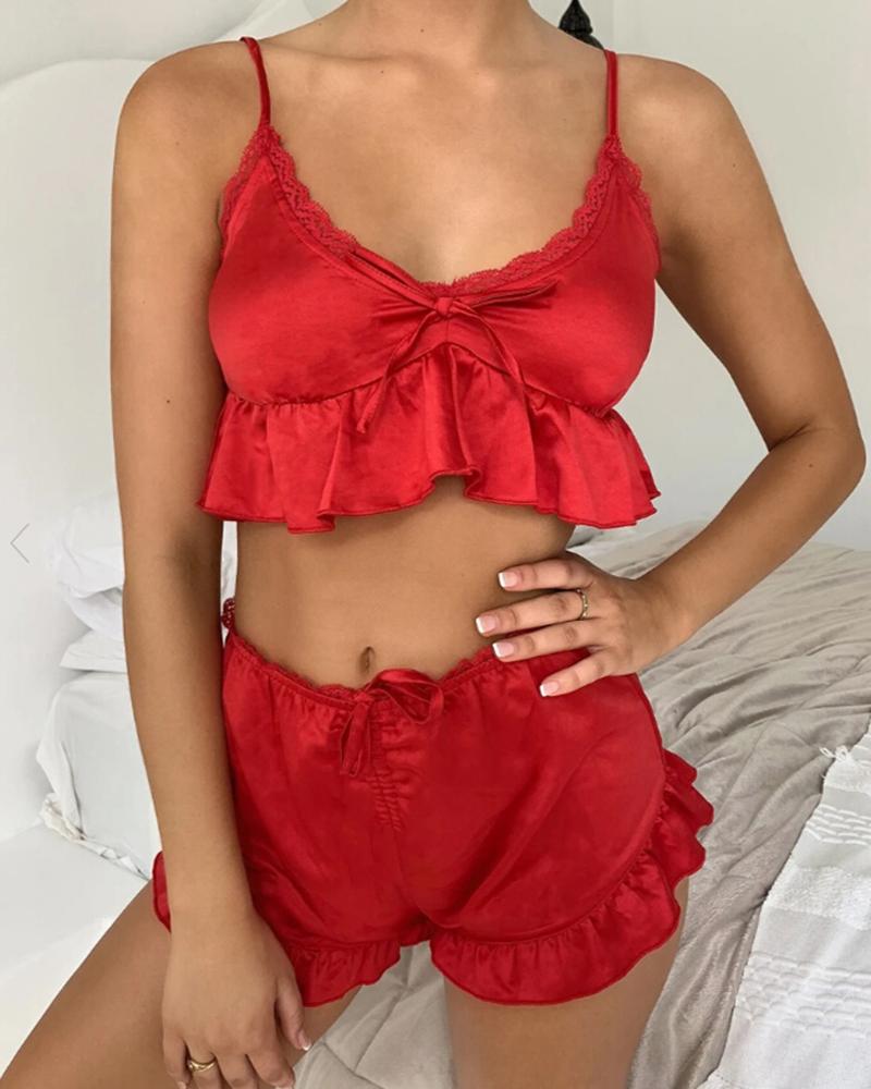 

Plain Ruffles Knotted Design Cami Set, Red