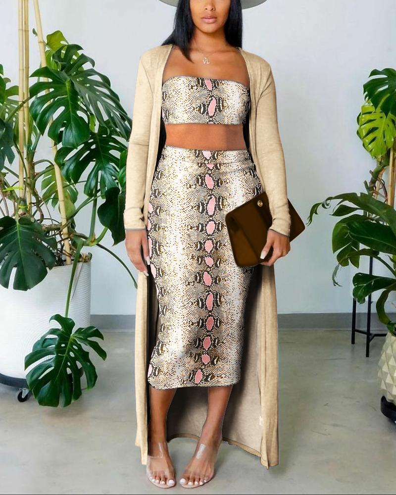 

Snakeskin Print Bandeau Crop Top & Bodycon Dress With Longline Cardigan Set, Multicolor