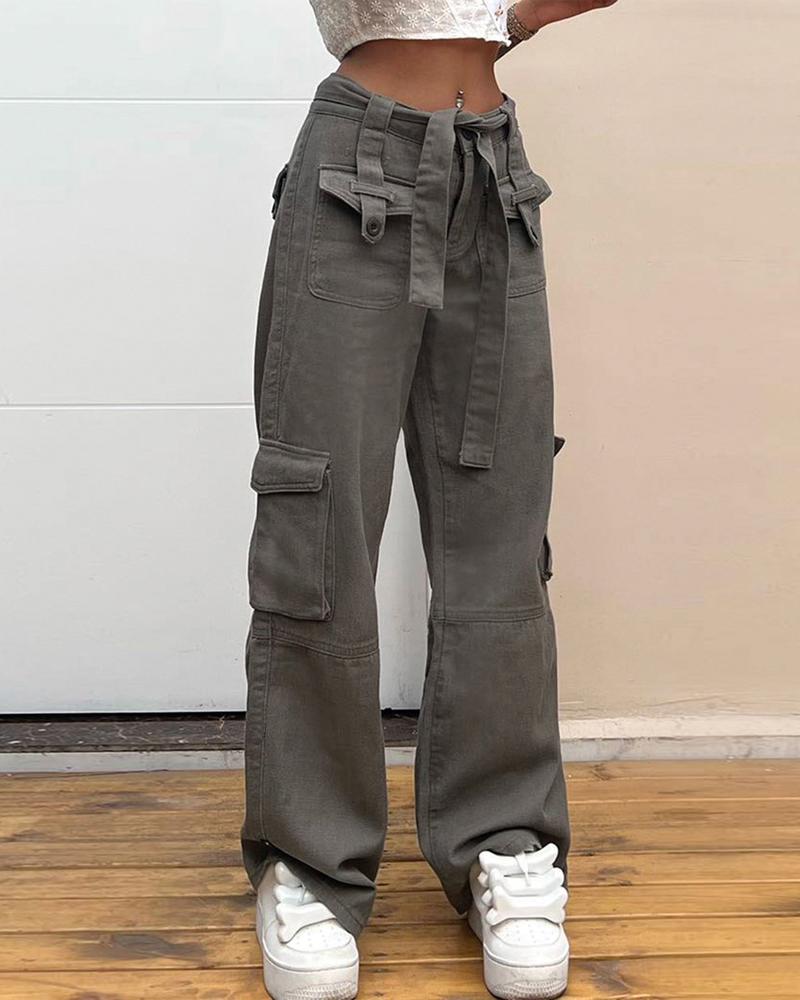 

Pocket Detail Belted Straight Leg Jeans, Dark grey