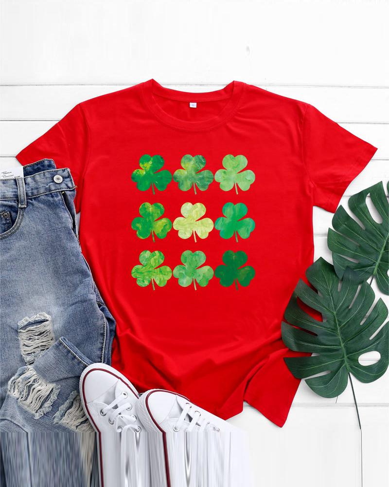 

St. Patrick' Day Clover Print Casual T-shirt, Red